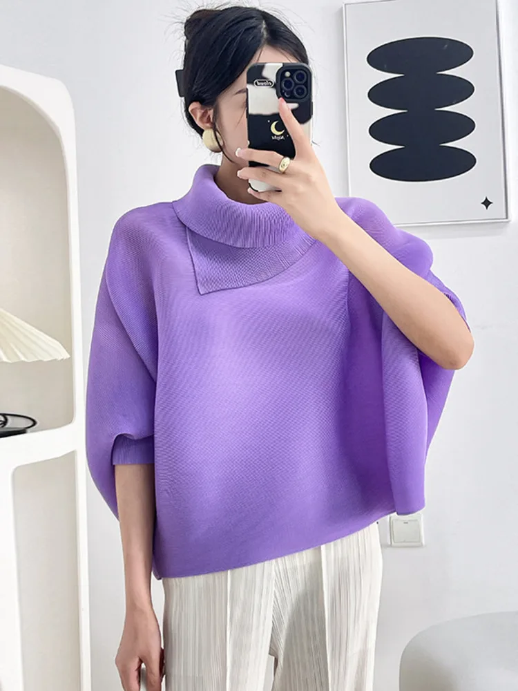 LANMREM Batwing Sleeves Pleated T-shirt For Women Lapel Solid Color Loose Big Size Female Casual Top 2024 Summer New 2DA6800