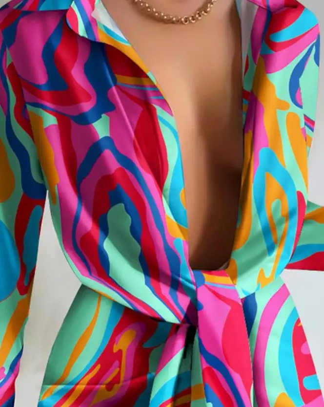 Abito camicia da donna a maniche lunghe con dettagli in pizzo stampato astratto, alla moda e casual, nuova collezione primavera/estate 2025