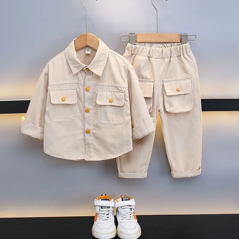 Boys' Shirt + Pants Spring/Fall Workwear Lapel Set 2026 New Collection Kids' Clothing for Ages 2-8 Children's Gift