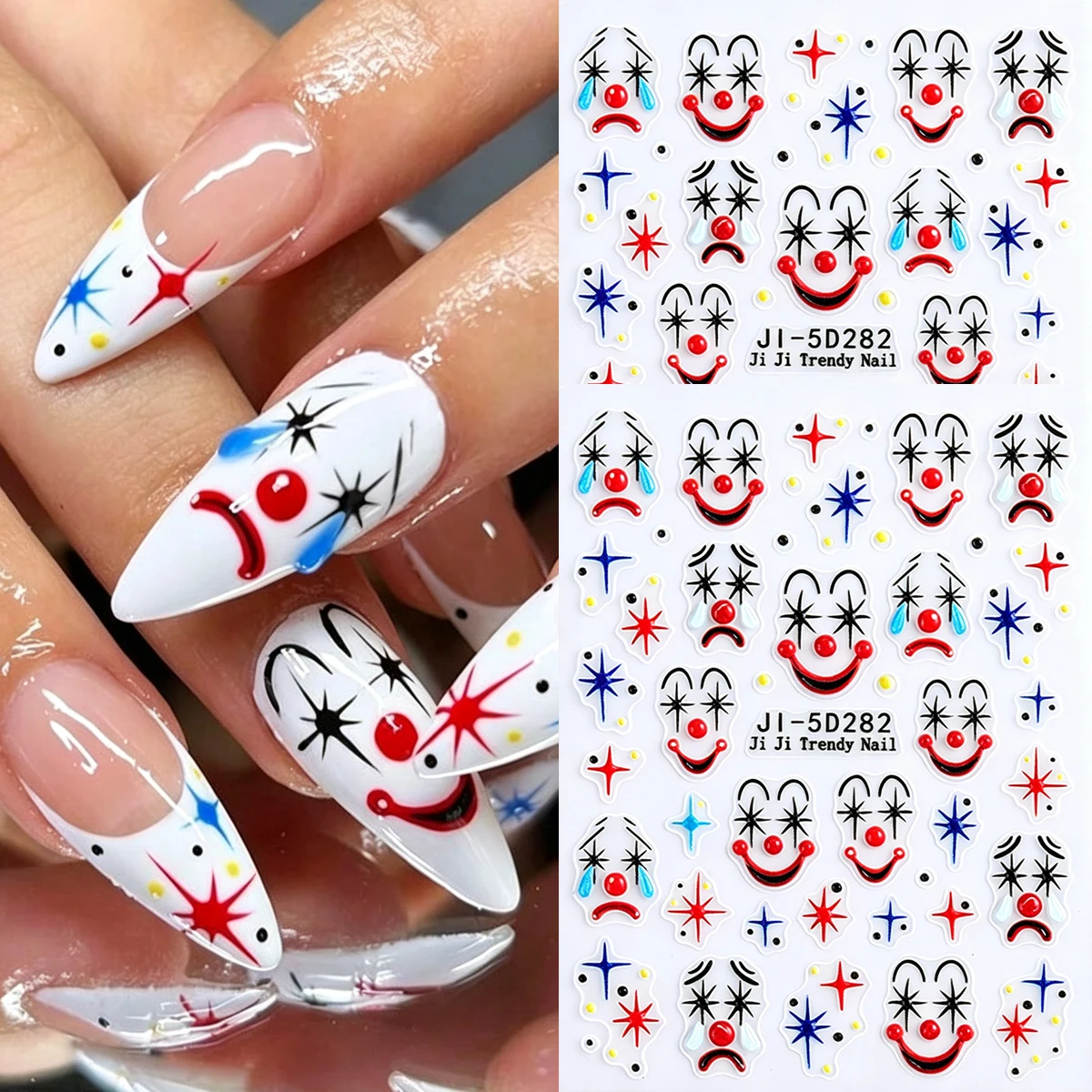 Clown Face Nail Art Sticker Colorful Star Firework Self‑Adhesive Nail Decal Funny Sad Happy Clown Pattern Manicure Decor For Par