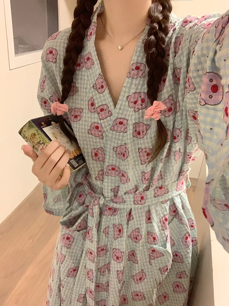 Home Long Sleeve Cartoon Pig Cute Autumn Long nightgown Women Loose Casual Vacation Sleepwear Princess Japanese Sweet Sleep Tops