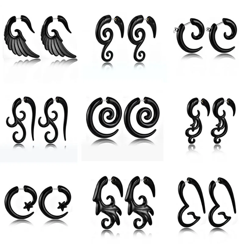 1pair Punk Tribal Spiral Fake Gauges Acrylic Ear Tapers Fake Plugs Horn Stud Earrings Wing Faux Fake Plugs Piercings Body