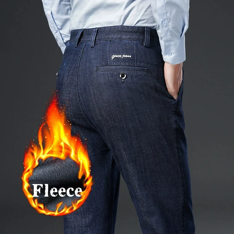 

Fleece Winter Denim Jeans For Men Pants Warm Thicken Straight Stretch Clothing Black Blue Mens Jeans Trousers Size 40 42 44