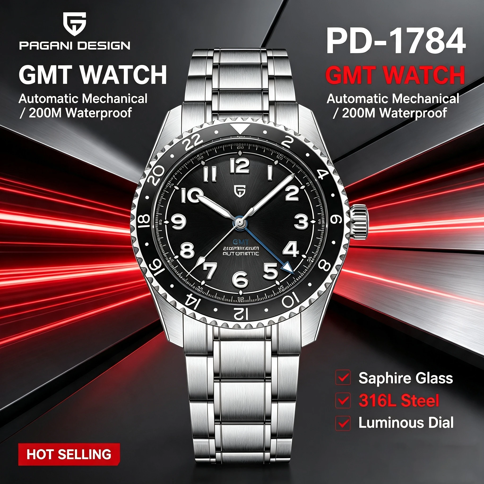 PAGANI DESIGN GMT Automatic Watch DG5833 40MM Sapphire Crystal 200M Waterproof 316L Stainless Steel Men Mechanical Wristwatch