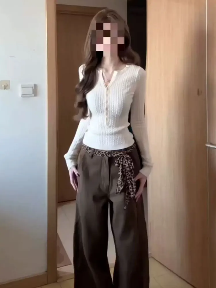 Weißer langer Sve-Strickpullover für Damen, Slim-Fit-Top, Frühherbst 2022, neue Sle Commute Polyesterfaser, V-Ausschnitt, Einzelknopf