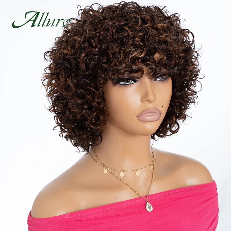 Jerry Curly Human Hair Wigs For Women Brazilian Short Pixie Bob Cut Hair Wig With Bangs Dark Brown Colored Hair Wigs Allure