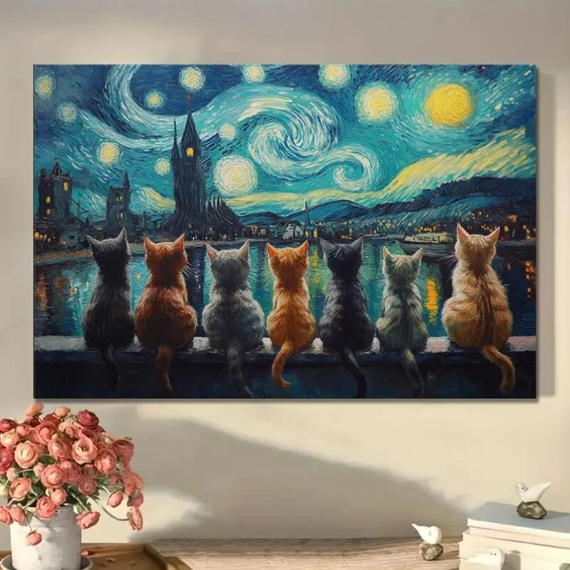 Van Gogh Starry Night Cat Poster Prints Animal Seven Cat Back Canvas Painting Wall Art Picture for Living Room Home Decor Gift