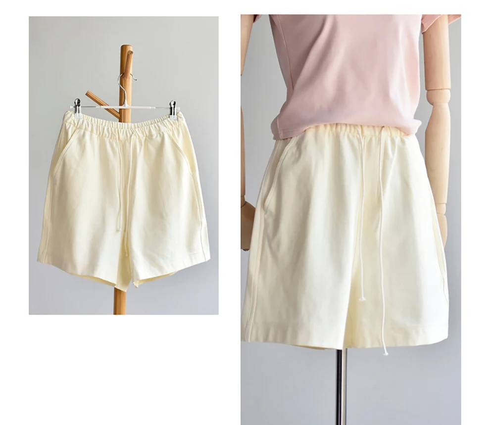 女性ライトブルーデニムショーツ夏アメリカンスタイル巾着ウエストゴムホットパンツ女性カジュアルルーズワイドレッグショーツ