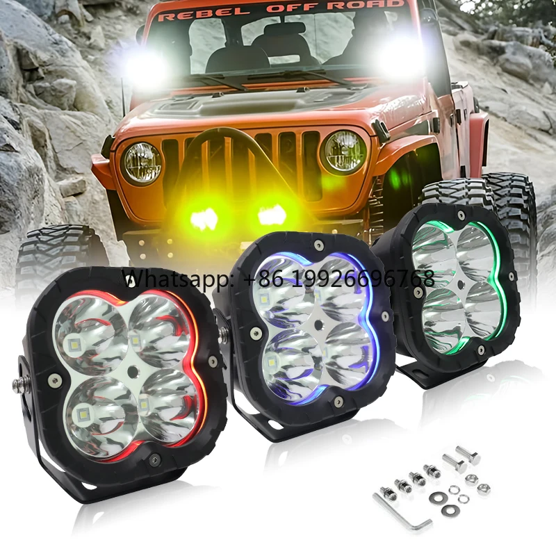 RGB 80W LED Yellow Work Light for Off Road Vehicles Auxiliary Led Lights Cube Spot Driving Beam Fog Amber 5Inch Customized