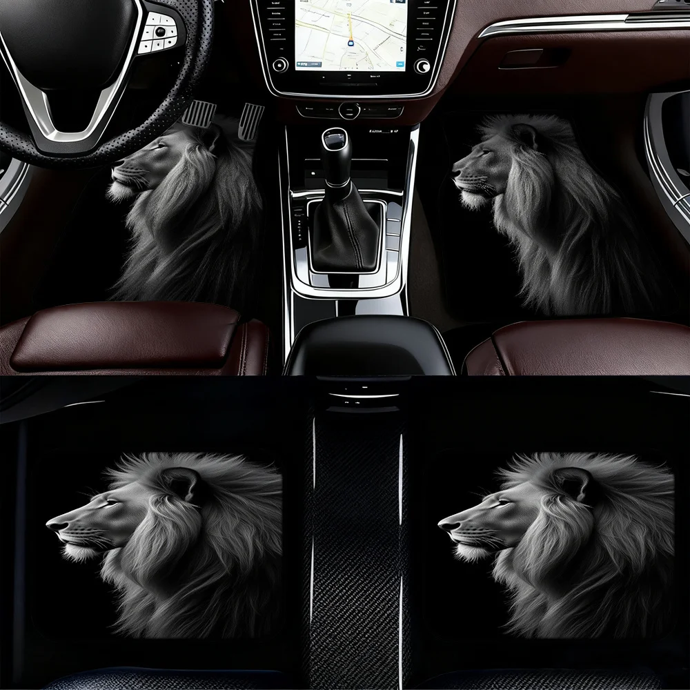 4pcs Lion Portrait Floor Mats - Black & White Majestic Lion Design, Durable Polyester, Fit For SUVs & Sedans, Easy-Clean Surface
