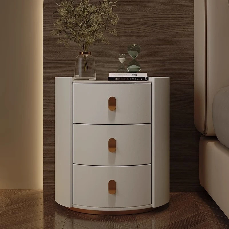 Round bedside table with simple modern leather high-end solid wood bedroom three-drawer storage cabinet