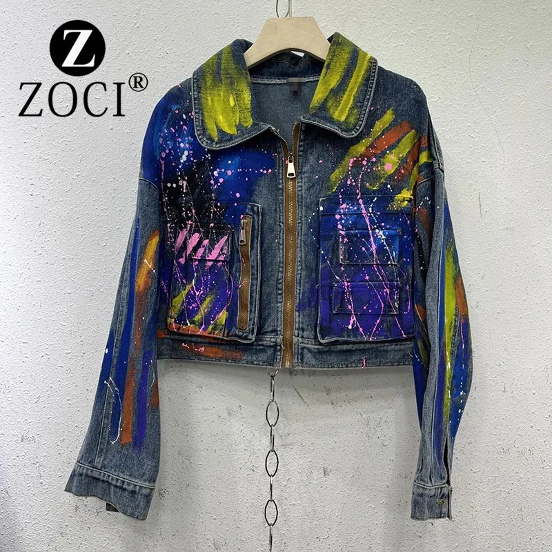 [zoci] 2024 New Fashionable Hand-painted Graffiti Workwear Denim Top Loose Short Jacket