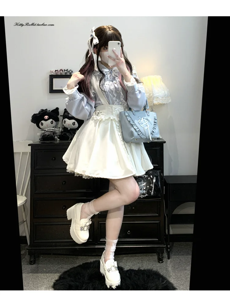 

Original Ruffle Edge Flying Sleeve Bow Tie Lace Skirt Japanese Sweet Loli Girl Party Skirt