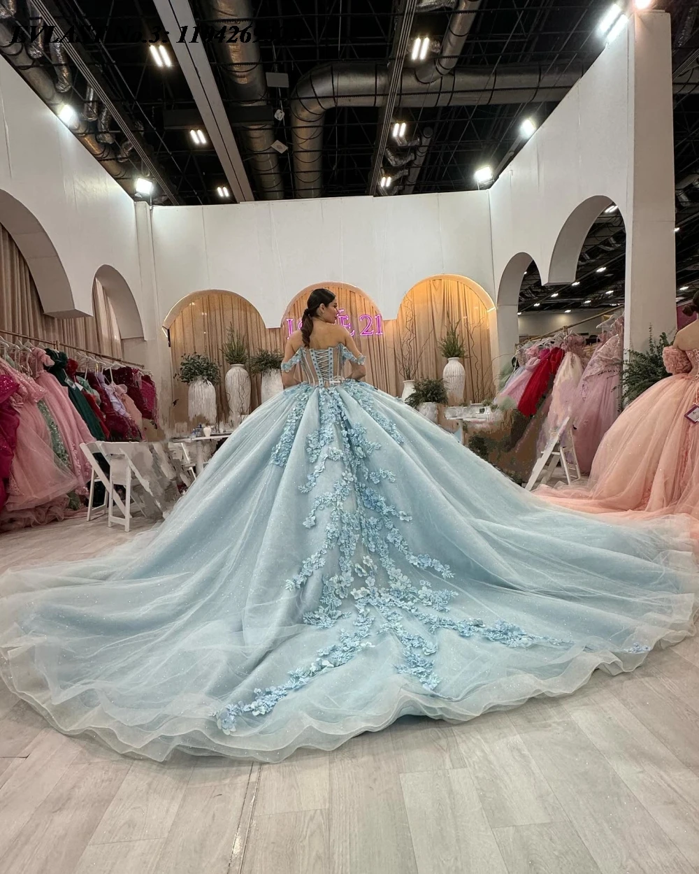 EVLAST personalizado princesa azul cielo Vestido para quinceañeras Vestido De baile apliques florales corsé con cuentas dulce 16 Vestido De 15 Anos E3Q366