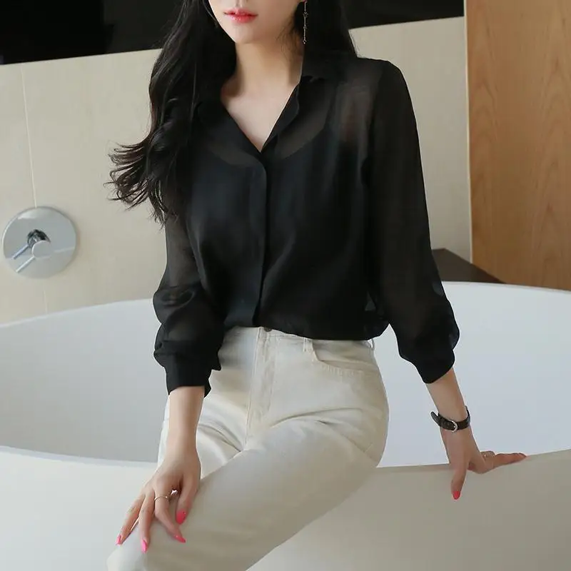 

Black Perspective Loose Blouse Summer New Thin Long Sleeve Polo Neck Sexy Solid Color Shirt Tops Vintage Casual Women Clothing