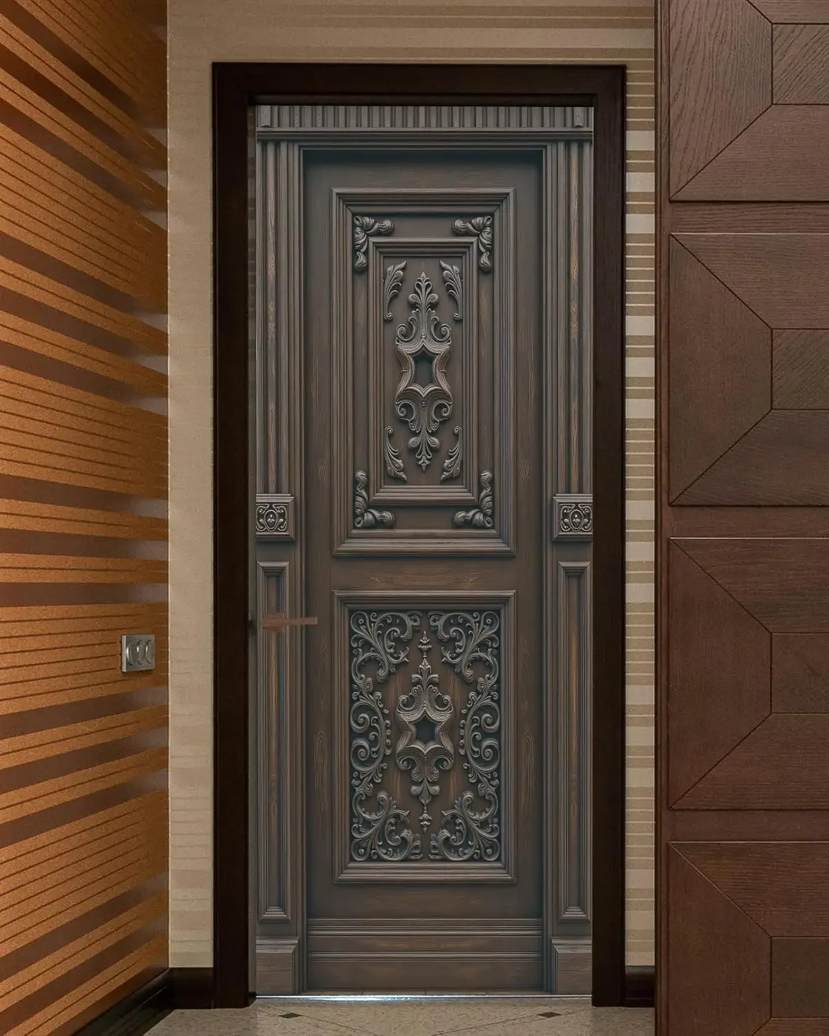 Decorative Door Mural Wallpaper, Victorian Carved Wood Design, Self-Adhesive Peel and Stick, 32 x 80 inches, Split into 2 Pieces