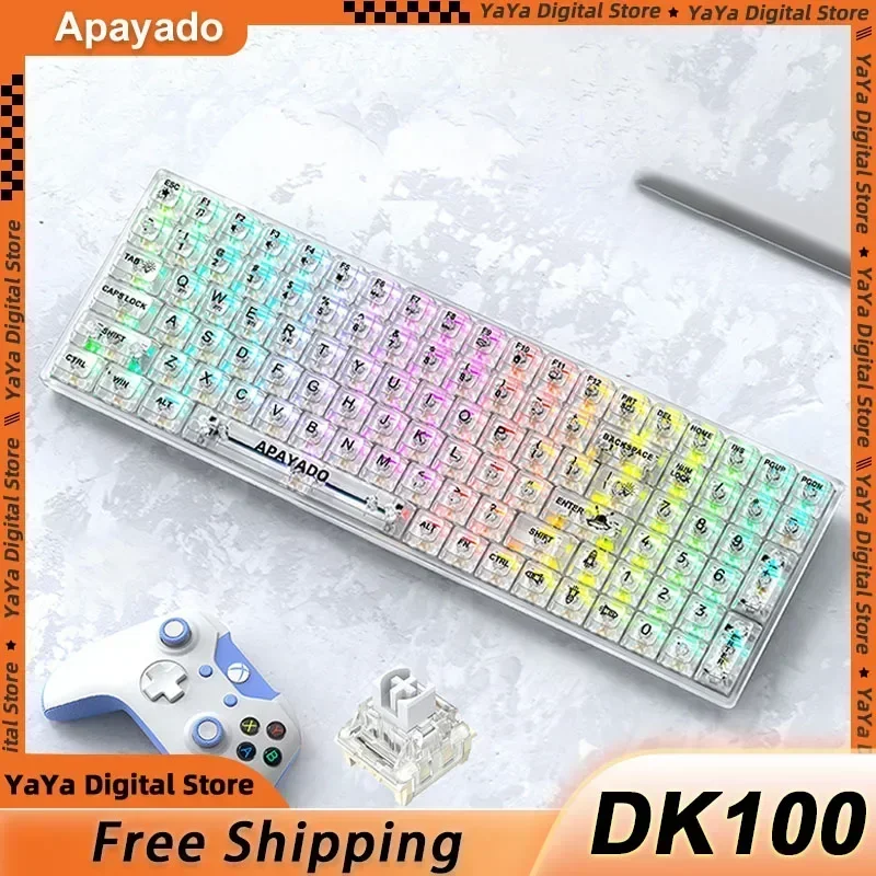 Apayado Dk100 Three-mode Mechanical Keyboard,100key Hot-swappable Pc High-transparent Keycaps,adjust Backlight Crystal Keyboard