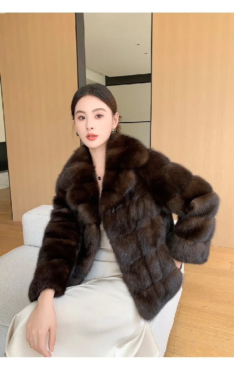 Mantel Pendek Bulu Mink Cokelat Tua Wanita Model Terbaru Musim Dingin 2025, Mantel Fashion Mewah Elegan Kelas Atas, Bulu Ramah Lingkungan, Item Wajib Dimiliki