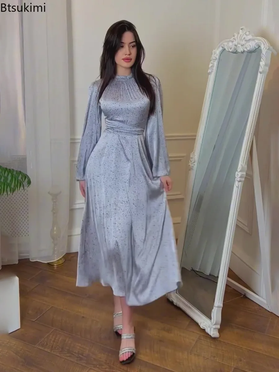 Elegancka satynowa sukienka maxi damska 2025, modna sukienka wieczorowa na przyjęcie z długim rękawem, wysoką talią, dopasowana, wiosenna nowa sukienka z nadrukiem, Vestidos Femme