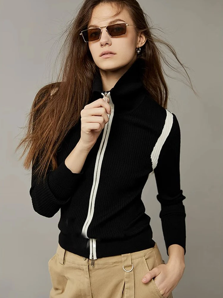 

Модный цветной вязаный свитер с длинными рукавами и двойной молнией, повседневный, для ранней осени, высококачественный, в европейском стиле, женский топ