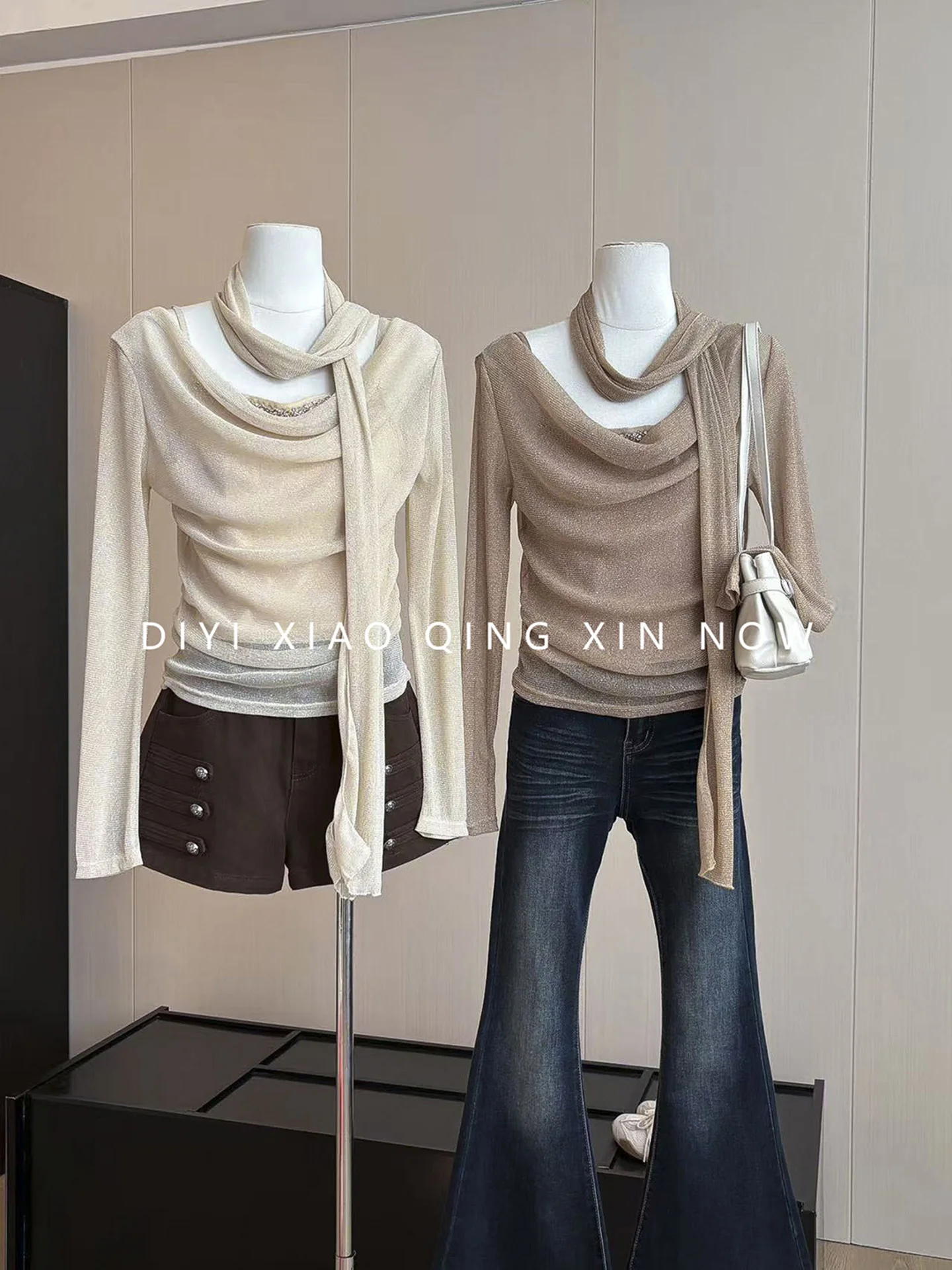 Slim Fit Long Sleeve T-Shirt with Sash Fake Two-Piece Design for Women Autumn Gentle Weight Loss Swing Collar Top