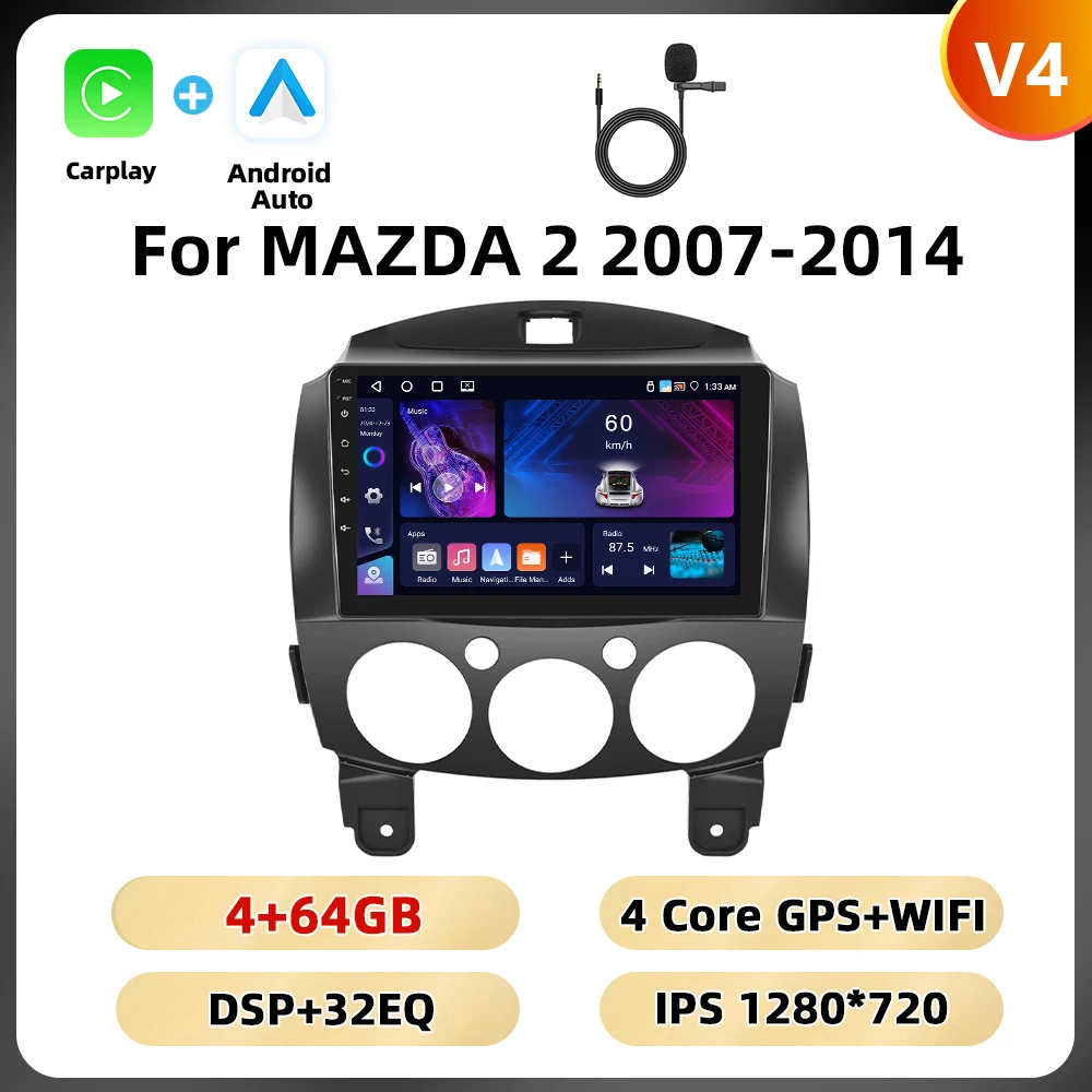 Podofo 9 ''BT RDS Autoradio Voor MAZDA 2 2007-2014 Multimedia Speler Navigatie Carplay Android Auto WIFI 4G AI Voice Autoradio