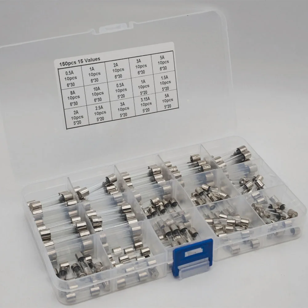 

150pcs Slow Blow Glass Fuses Assorted Kit 6x30mm 0.5A, 1A, 2A, 3A, 5A, 8A, 10A, 5x20mm 0.5A, 1A, 1.5A, 2A, 2.5A, 3A, 3.15A, 5A