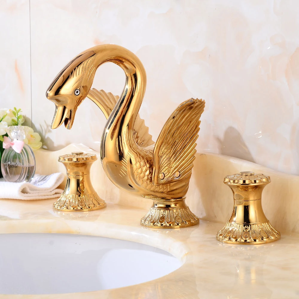 New ArrivalsTop Quality Deck-mounted Widespread Golden 3 Pcs Bathroom Swan Faucet Lavatory Basin Sink Mixer Luxury Style