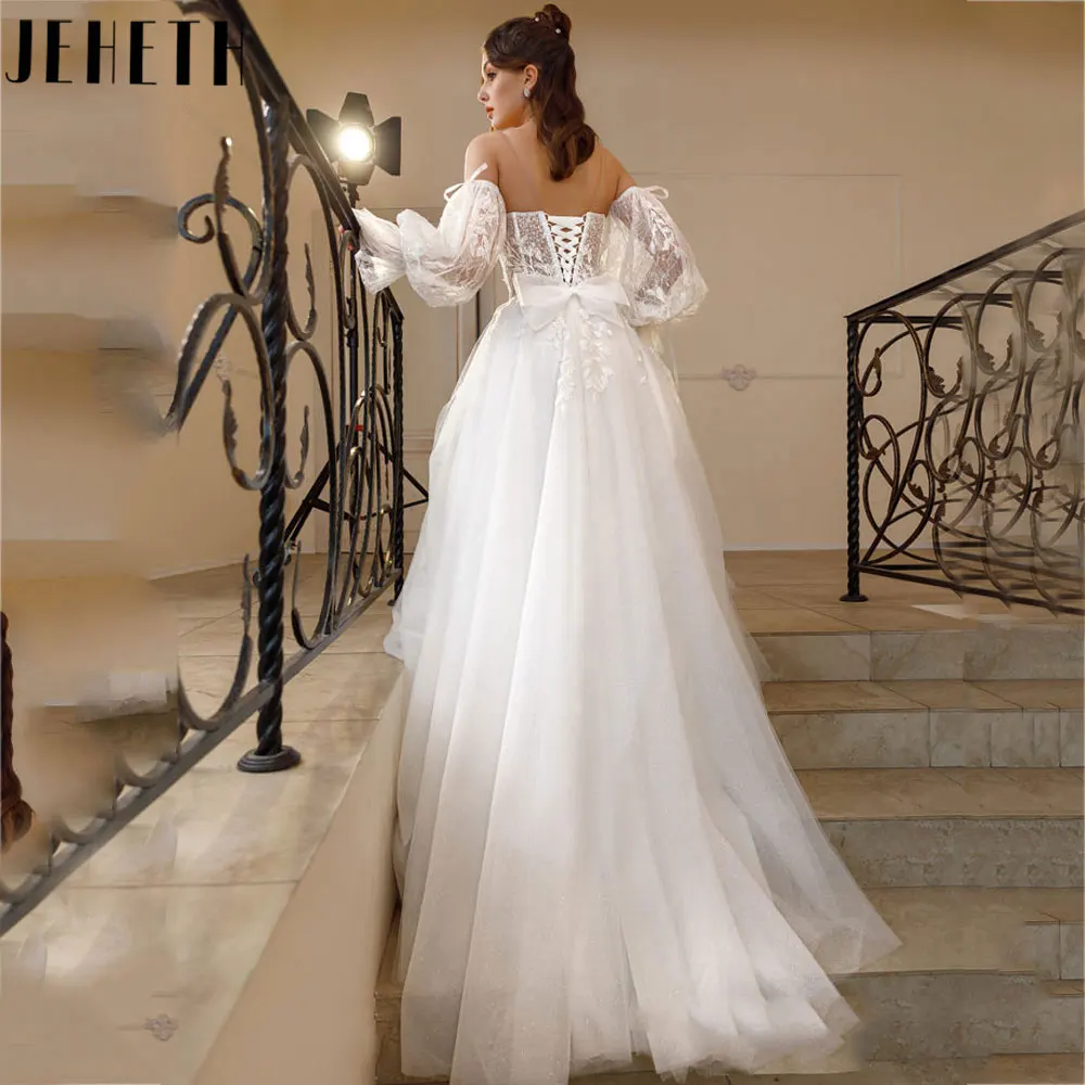 JEHETH Romantic A-Line Off Shoulder Wedding Dress Simple Three Quarter Sleeves Tulle Bride Gowns Lace Up Applique robe de mariée