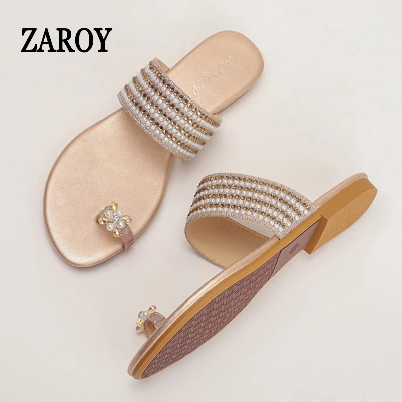 

ZAROY Luxury Crystal Flat Slipper Women Shoes Casual Holiday Beach Sandals Summer Comfortable Flat Bottom Outdoor Flip Flops