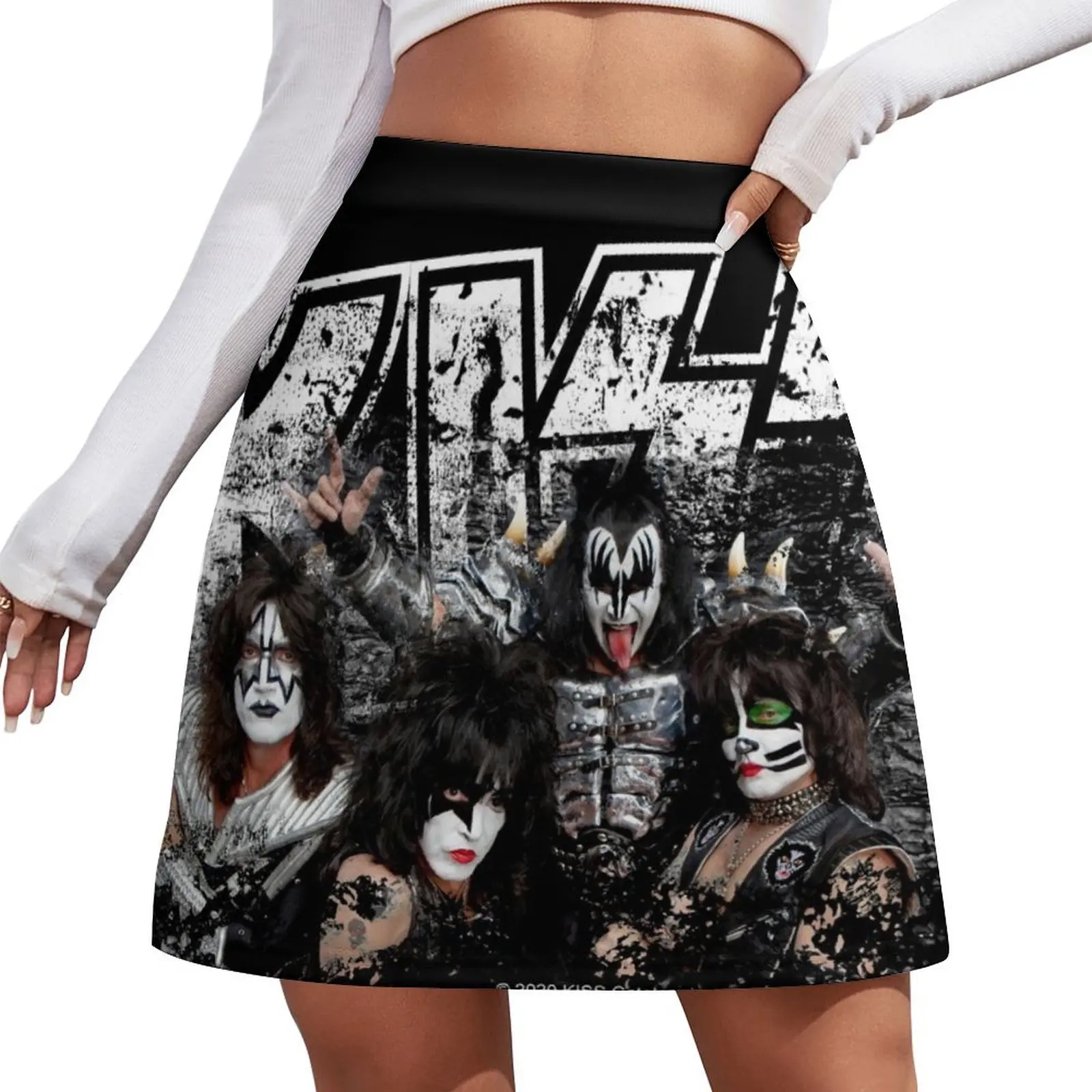 

KISS rock music band - Black White Effect Logo and All Membersk music band Mini Skirt