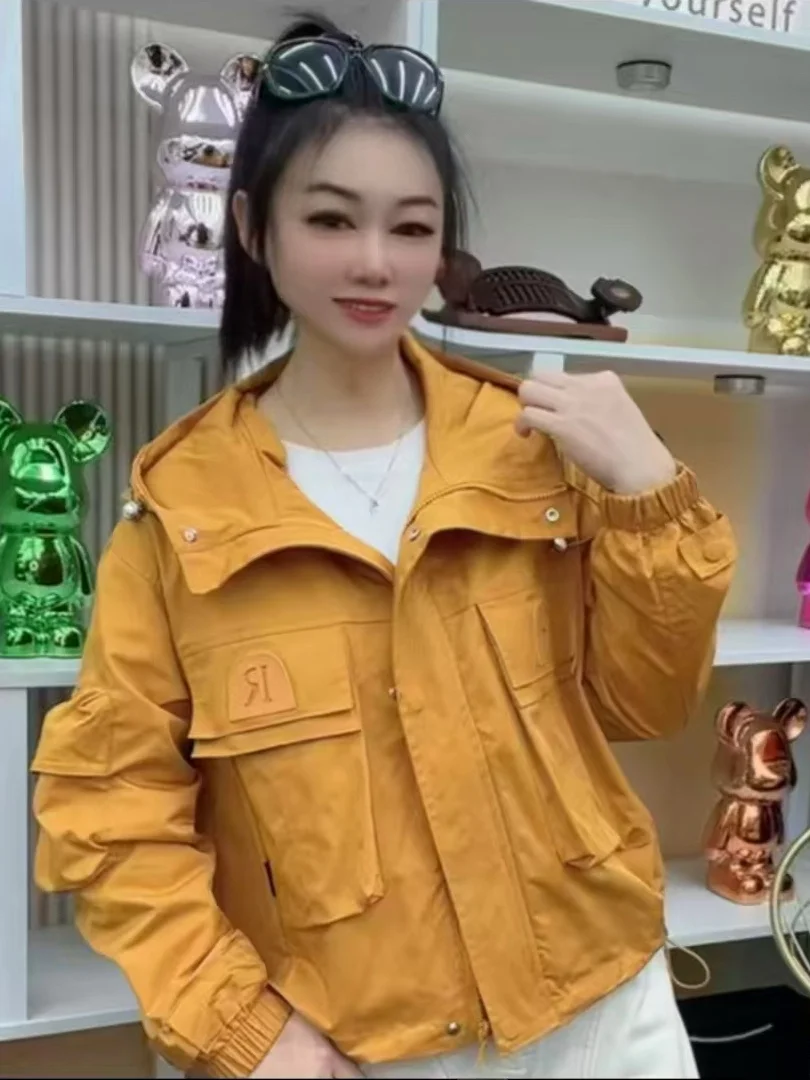 

European Sle Loose Women's Jaet Coat Long Sve Hooded Double ket Letter Design Color Faionable Versatile Out...