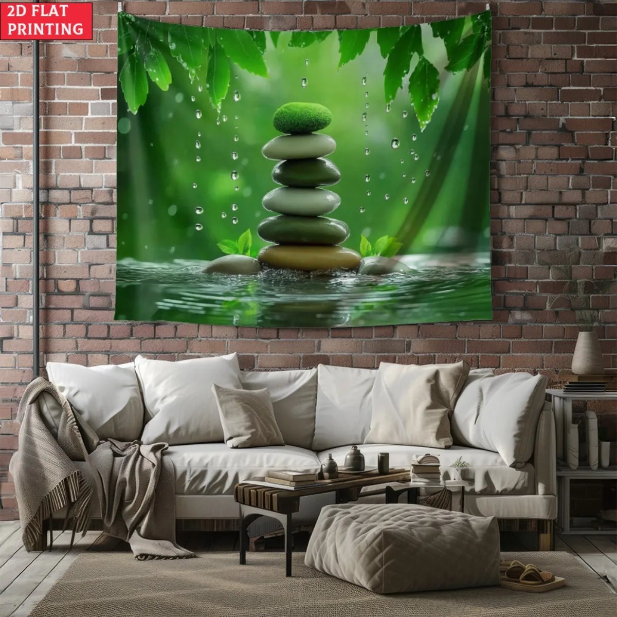 unframed Zen garden stone stack water droplets green leaves nature tapestry meditation room decor calming wall art peacefulhomed