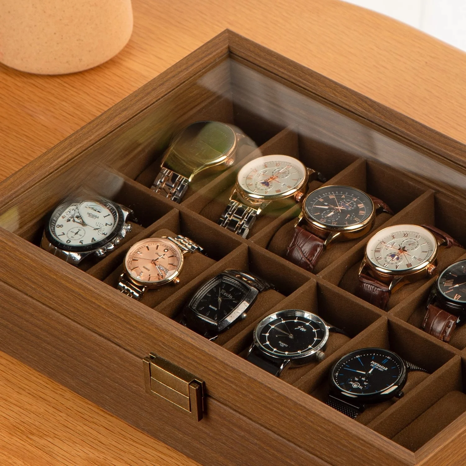 クルミ材の時計ディスプレイケース、カバー付き、防塵、酸化防止、時計収納ボックス、大型、マルチグリッド、寝室テーブル