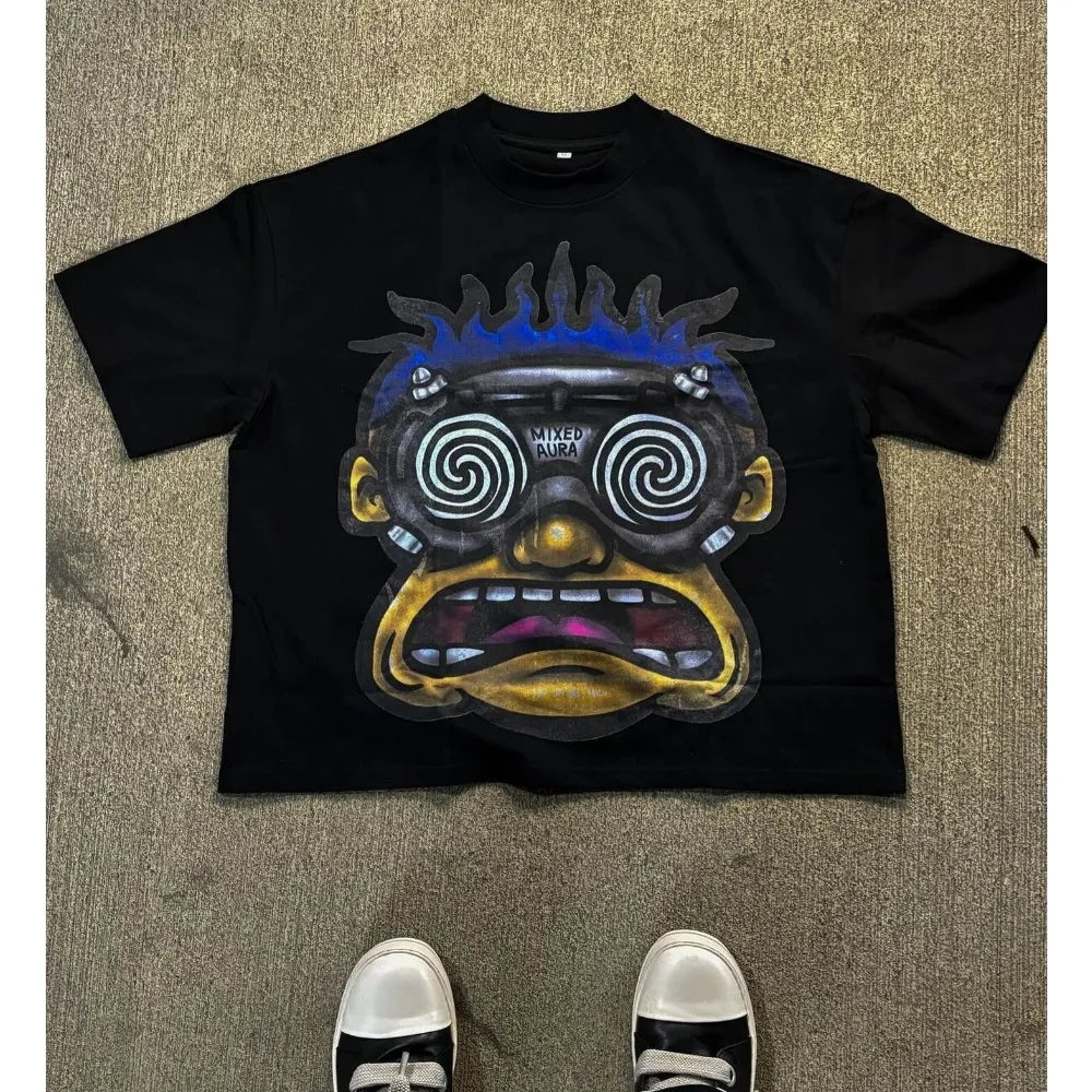 American Fashion Goth Big Head Cartoon Print Oversized T-Shirt Men's Y2K Street Hip-Hop Harajuku Loose Casual Couple Clothes