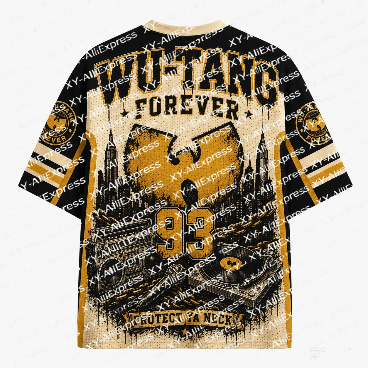 Old Retro Street Poster Print Jersey. Weathered Worn Base, Hip-hop Logo & Boombox Icons, Rough Vintage Aged Print Texture.