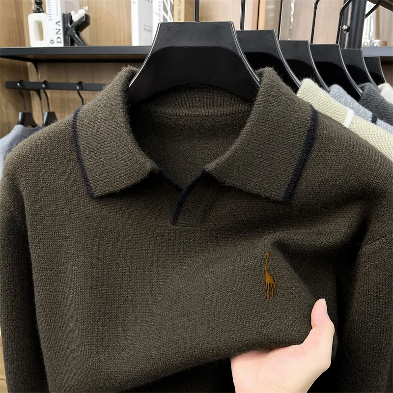High End Quality Men's Embroidery Knitted Sweater Comfortable Autumn Lapel Buttonless Long Sleeve Tops Versatile Men's Clothing