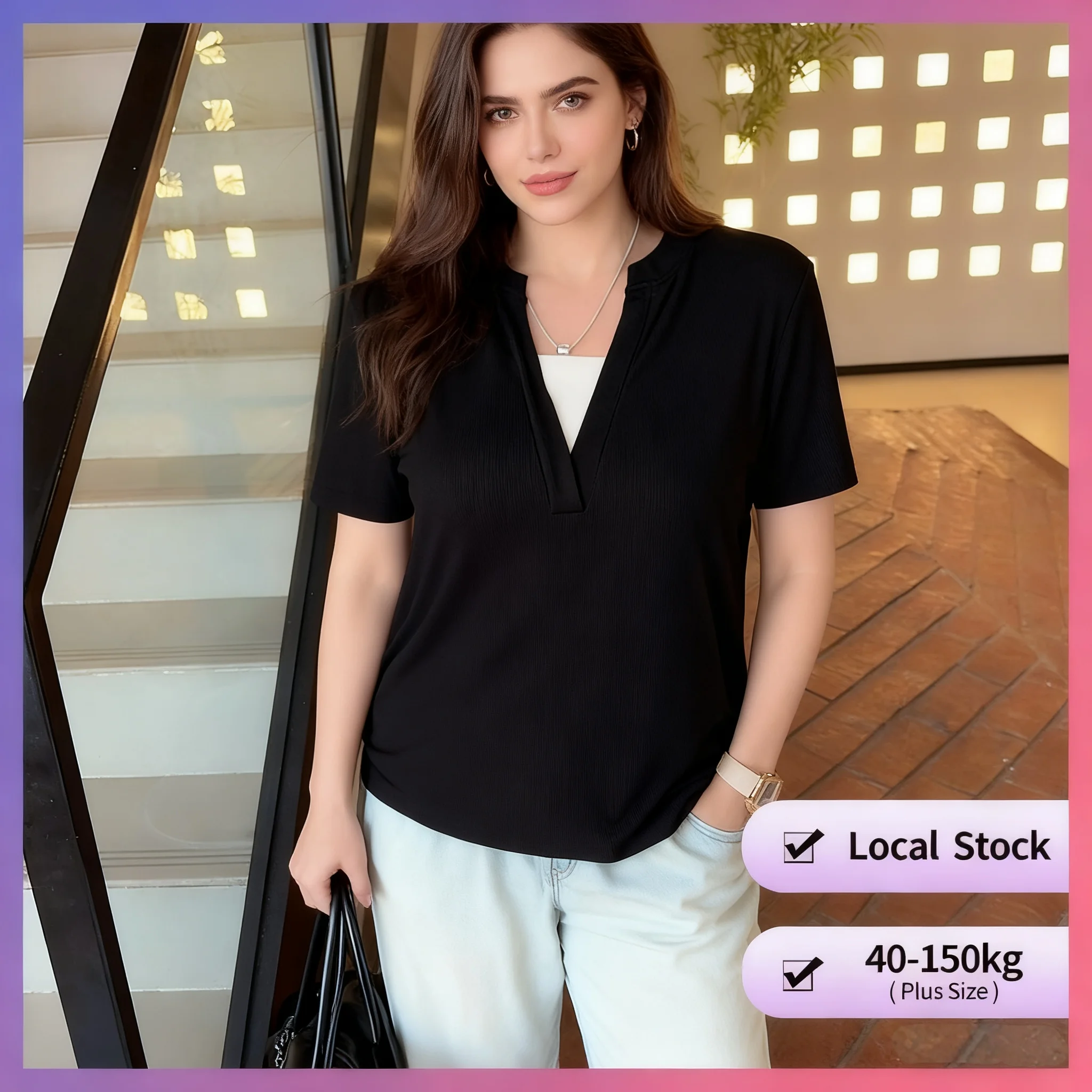 

【Топы больших размеров】 (40-150 кг) Футболка из двух предметов с короткими рукавами, модная однотонная футболка больших размеров с v-образным вырезом