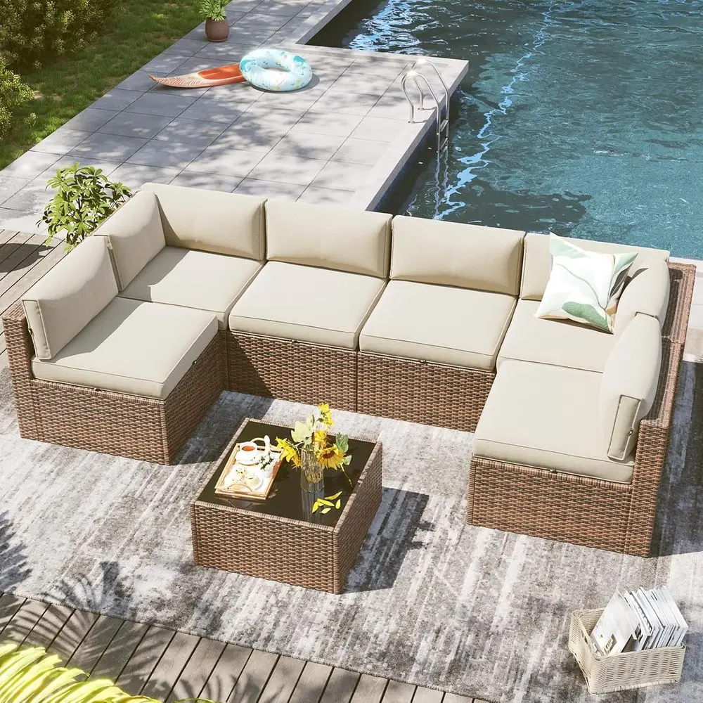 

7-Piece Beige Outdoor Patio Furniture Set with Coffee Table and Thick Cushions for Backyard and Garden