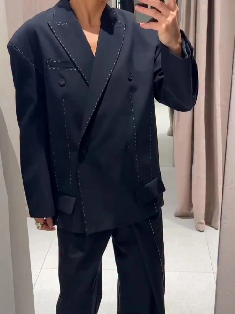 Elegant Quilted Blazer Pant Suits Women Chic Loose Lapel Double Breasted Jacket Wide Leg Trousers 20