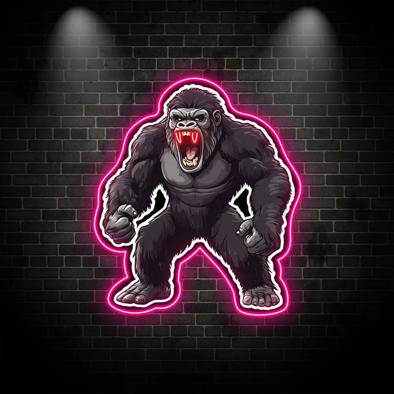 Roaring Gorilla Neon Wall Art - Intense LED Decor for Gym, Gaming Room, Living Room & Man Cave, Unique Birthday Gift, Pink Frame