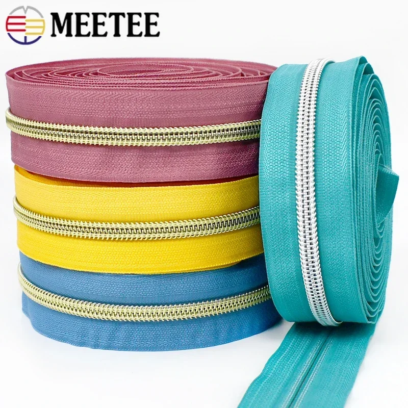 Meetee 5 # 나일론 지퍼 테이프, 금색 실버 치아 지퍼, 바느질 가방 지퍼 헤드 의류 수리 키트, DIY 액세서리, 2, 4, 10 미터