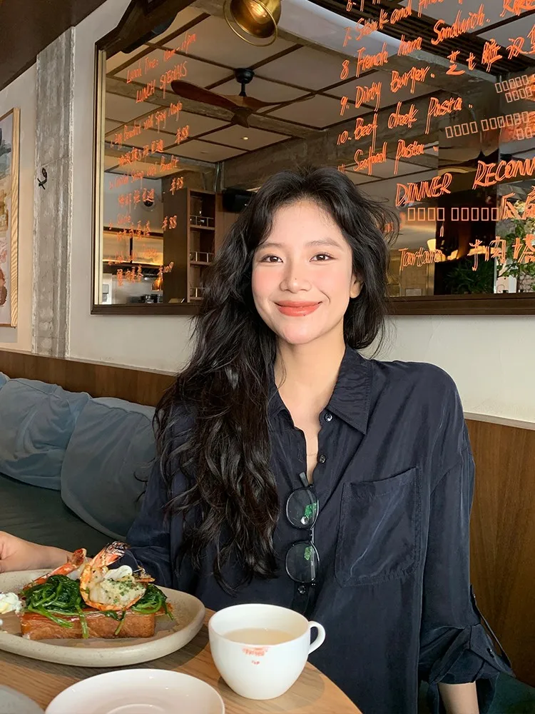 

DaqianwithU Luxury Blue Copper Ammonia Silk Women's irt Cool Design Loose Fit Summer Casual Faion Thin Long Sve