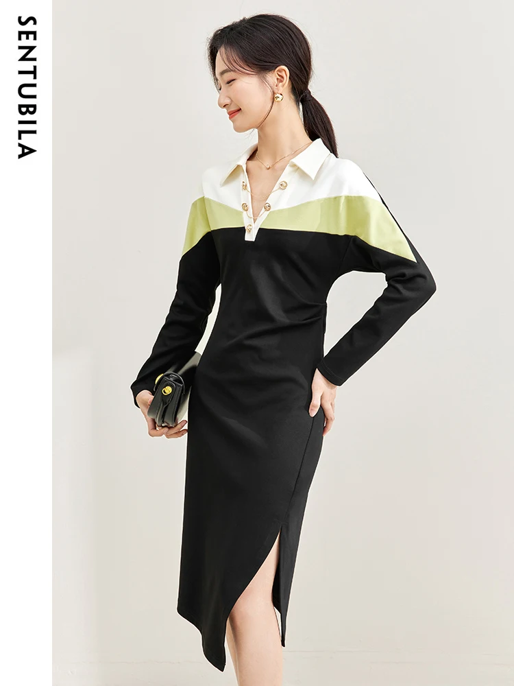 SENTUBILA Slit Retro Midi Dress for Women Spring Autumn Long Sleeve A-Line Temperament Slim Contrast Female Dresses 133L50755