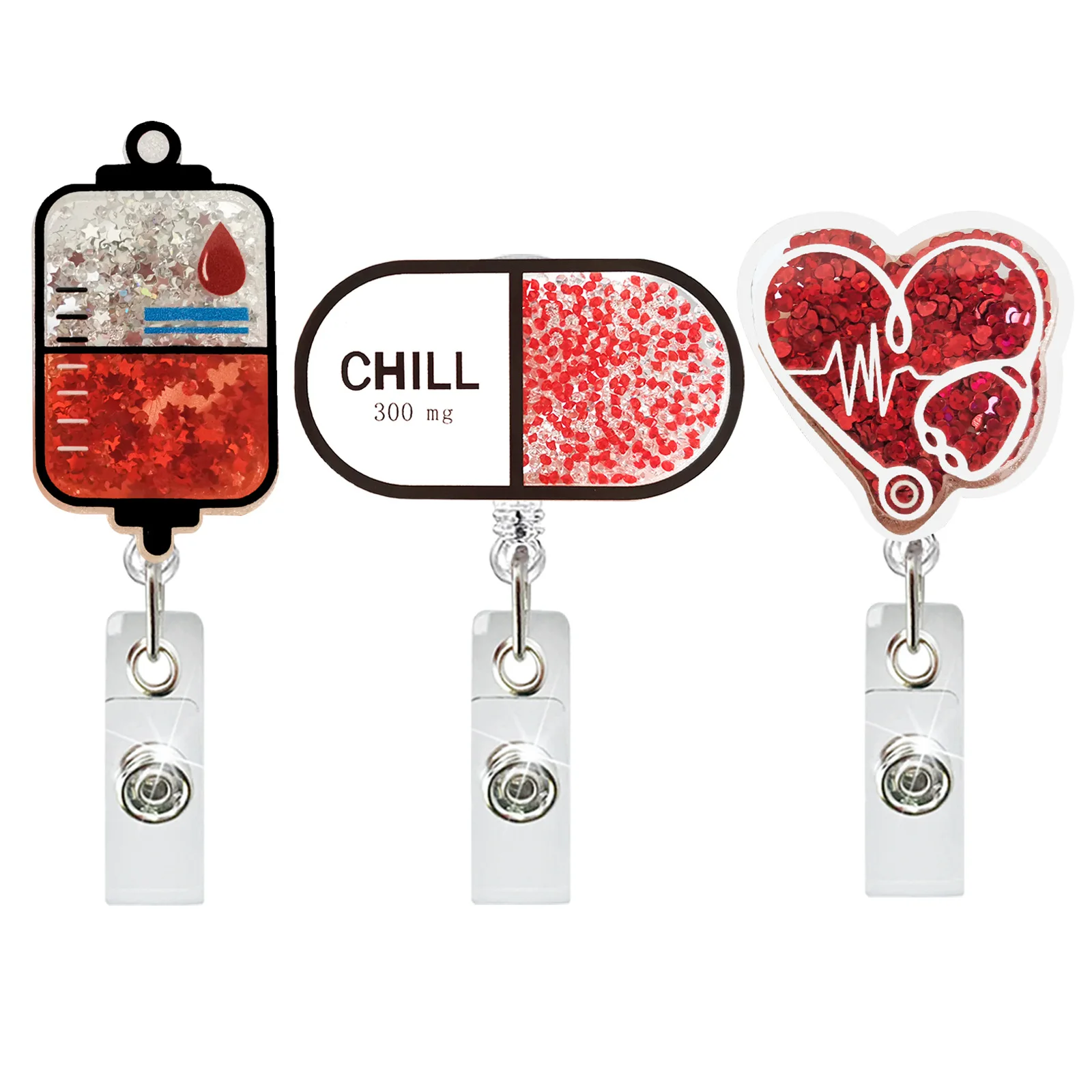Acrylic Quicksand Pills Stethoscope Sling Bottle Rotating ID Badge Holder Doctor Nurse Retractable Badge Reel