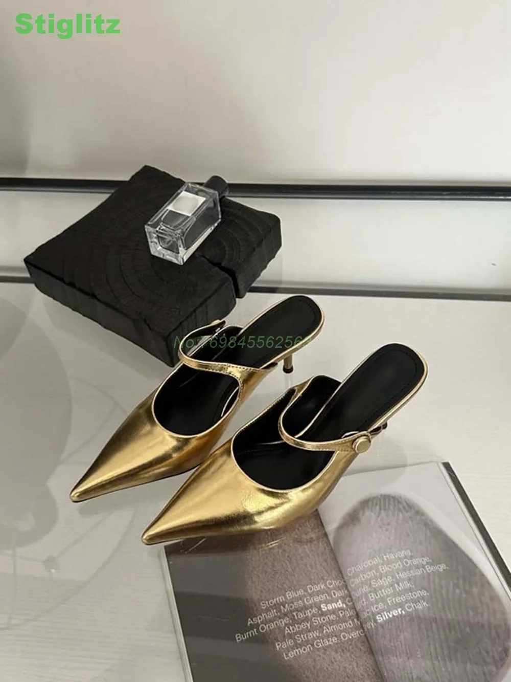 女性用バックルストラップシューズ,サテンスリッパ,丈夫なヒール,滑り止め,エレガント,先のとがったつま先,浅い日常のスティレット,新しいコレクション2024