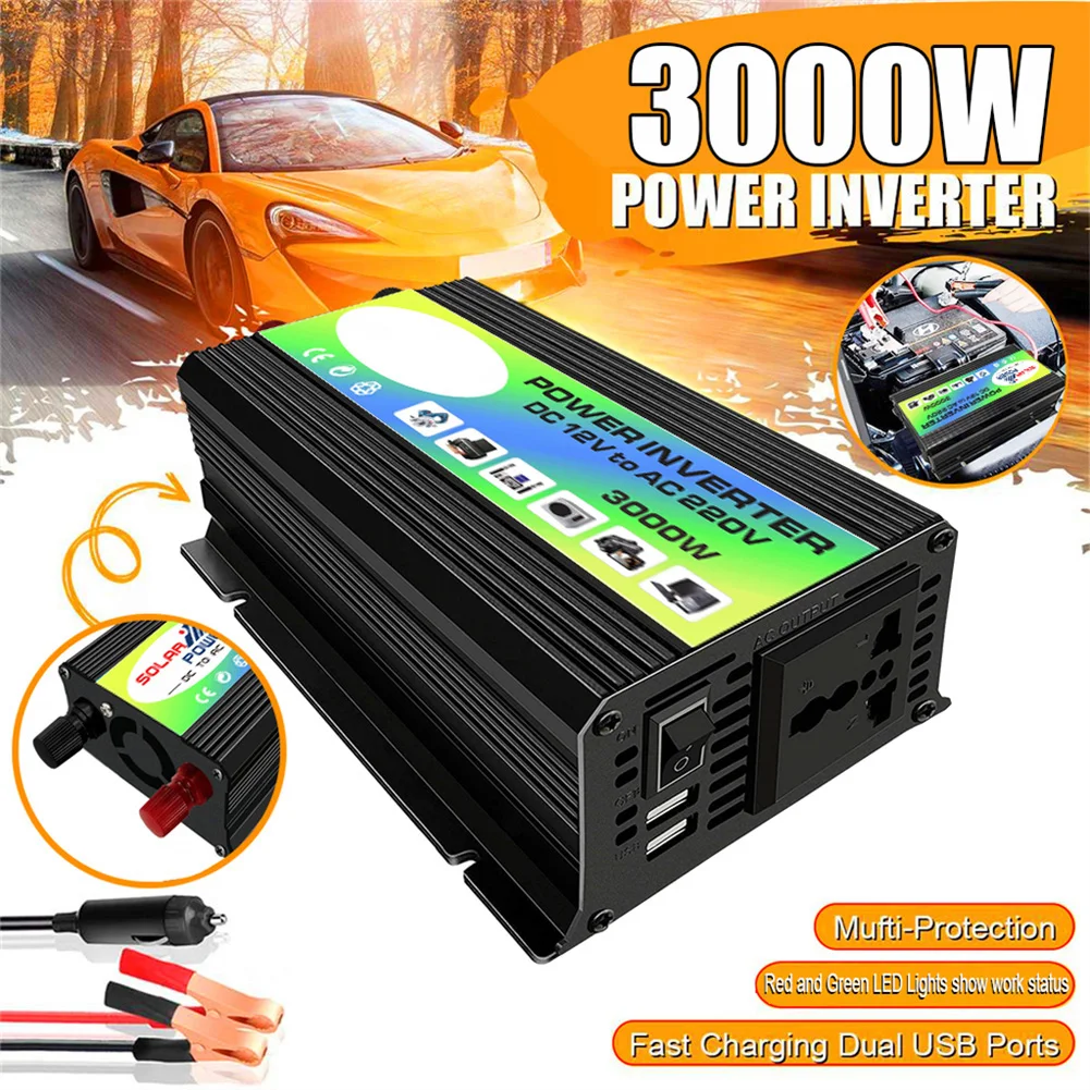 DC 10.5V~15V 3000W Car Power Inverter Dual USB Ports Car Charger Adapter Transformer LED Green&Red Work Lights Car Inverters