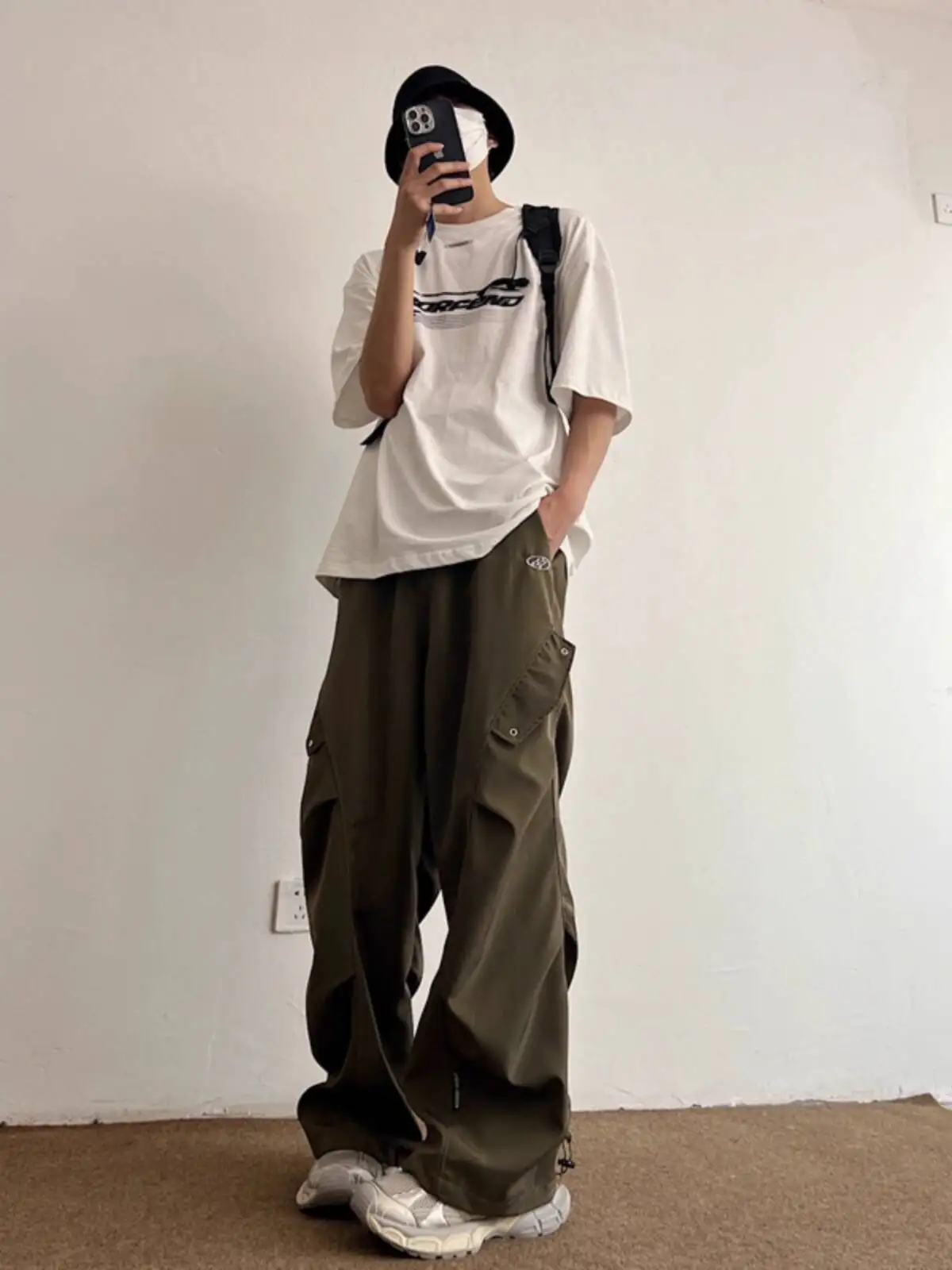 กางเกงลำลองสไตล์ฮิปฮอปสตรีทสำหรับผู้ชาย แบบยูนิเซ็กส์ วินเทจ ผ้ามีรอยยับ ทรงหลวม ขากว้าง