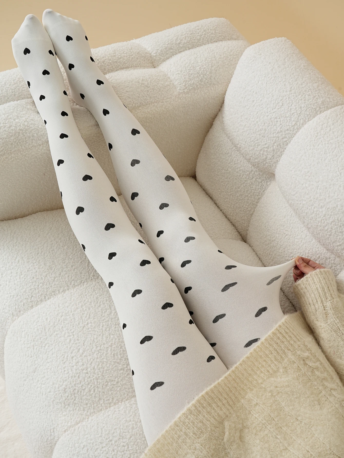 Damen-Strumpfhose mit hoher Taille, Fleece-Futter, verdickt, Herbst-Winter-Strumpfhose in gebrochenem Weiß mit Aufdruck für das tägliche Zuhause