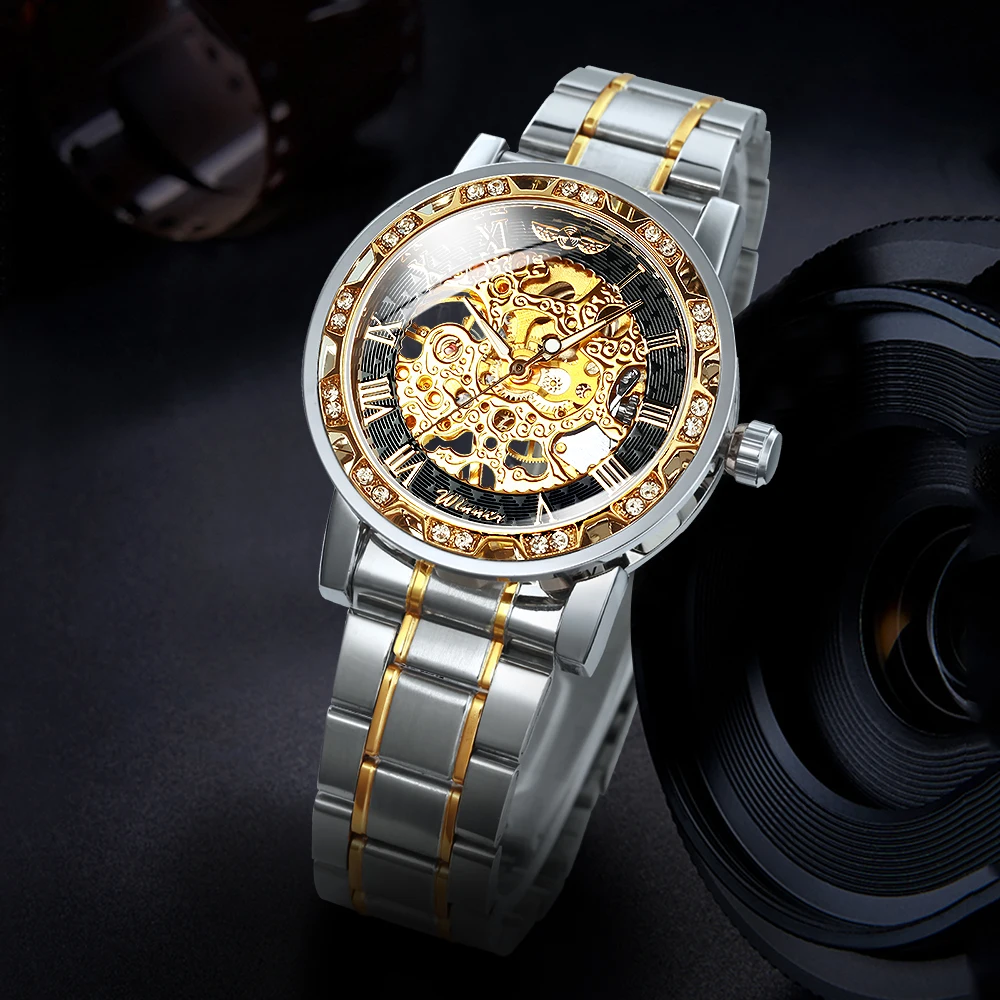 WINNER Unisex Classic Skeleton Mechanical Watch for Men Luxury Retro Iced Out Black Gold Watches Stainless Steel Strap Luminous